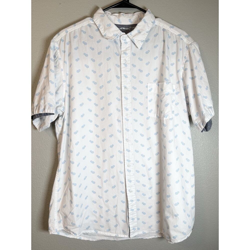 AIRWALK Men's Short Sleeve Button Down Shirt White Blue Pineapple XL 100% Cotton